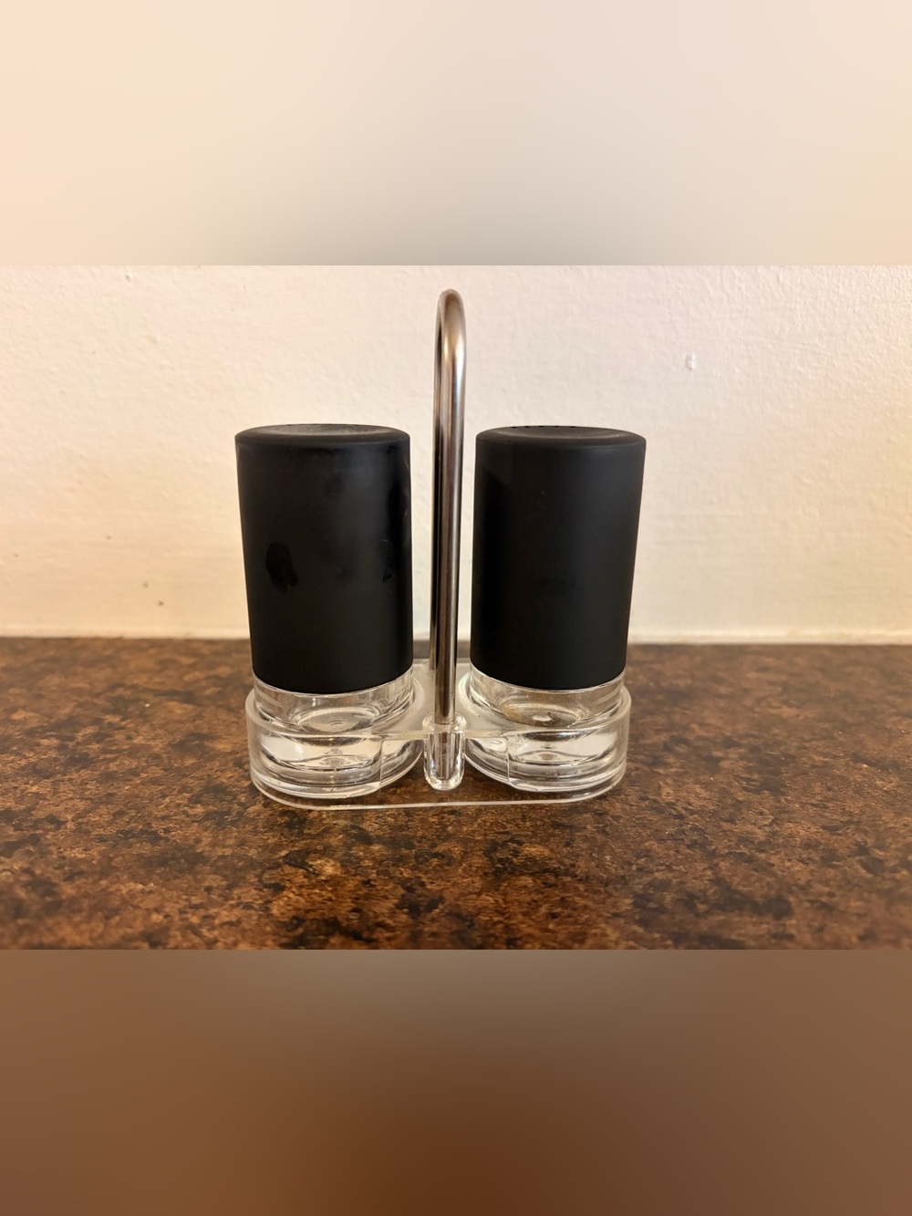 Black Glass Salt and Pepper Shaker Set with Stainless Stand